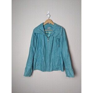 Per Una Jacket Womens 14 Blue Linen Full Zip Collar Lightweight Polka Dot Lined